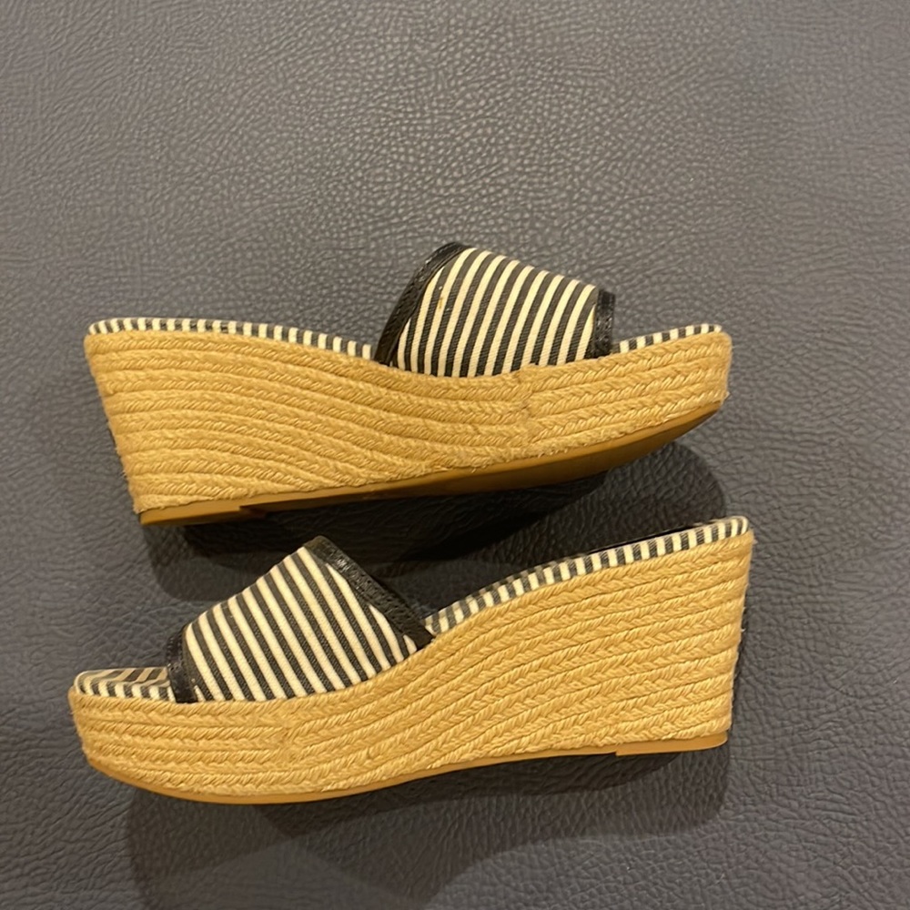 Tory Burch Navy and Ivory Striped Canvas Logo slide Rope Wedges Size 8 - Picture 6 of 8
